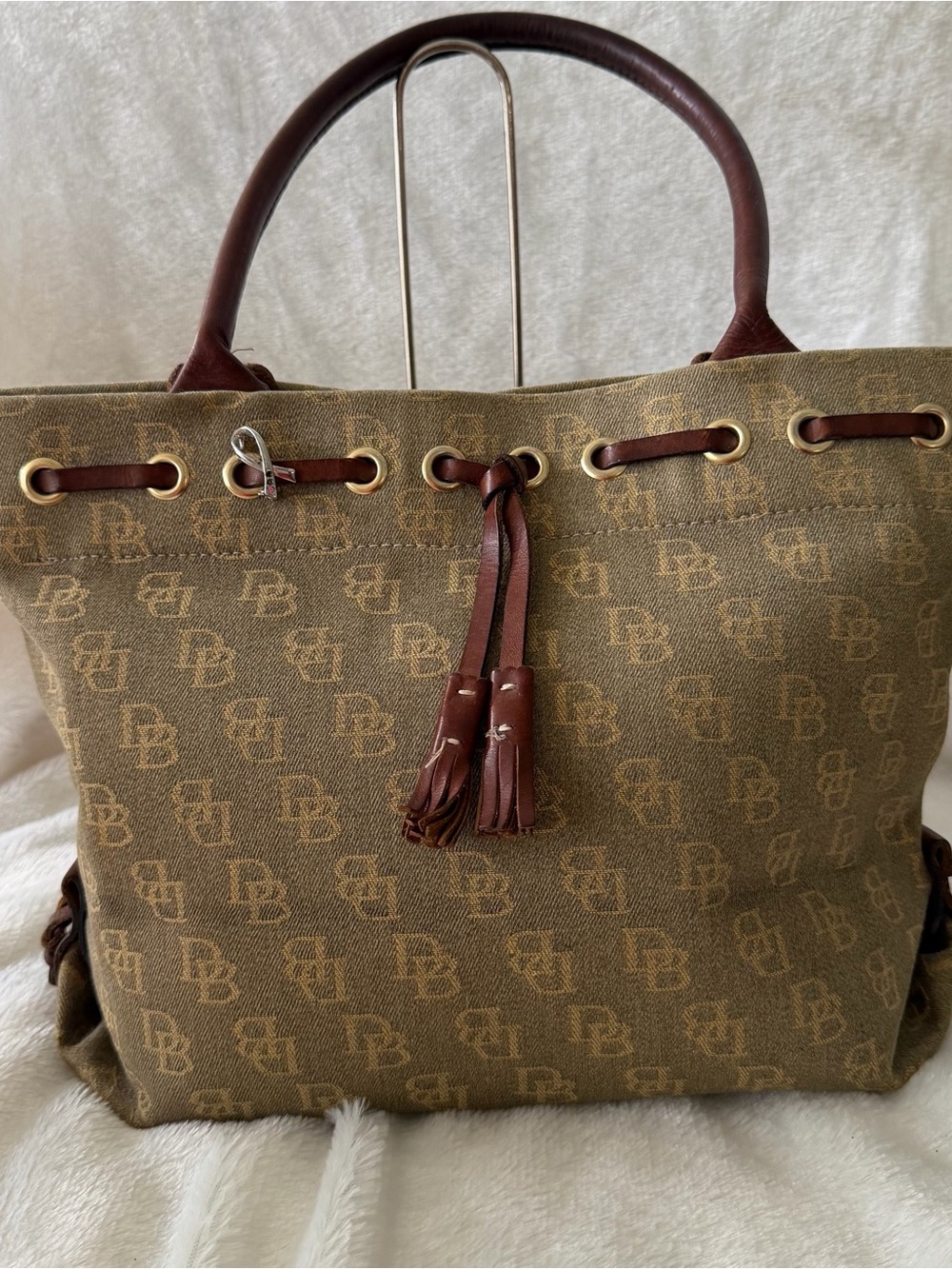 Vintage Dooney & Bourke Signature Monogram Canvas Leather Tassel Tote Bag USA